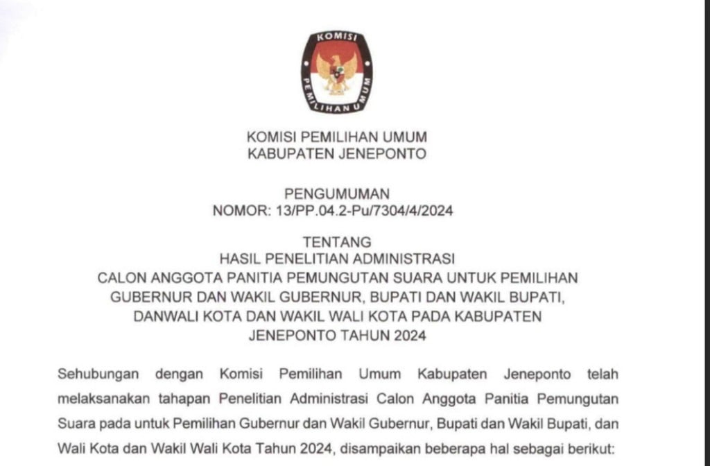 KPU Jeneponto Umumkan Hasil Penelitian Administrasi Calon PPS, Ini yang Dinyatakan Bersyarat