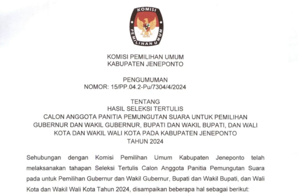 Intip Pengumuman KPU Jeneponto Hasil Tes Tertulis Calon Anggota&nbsp;PPS